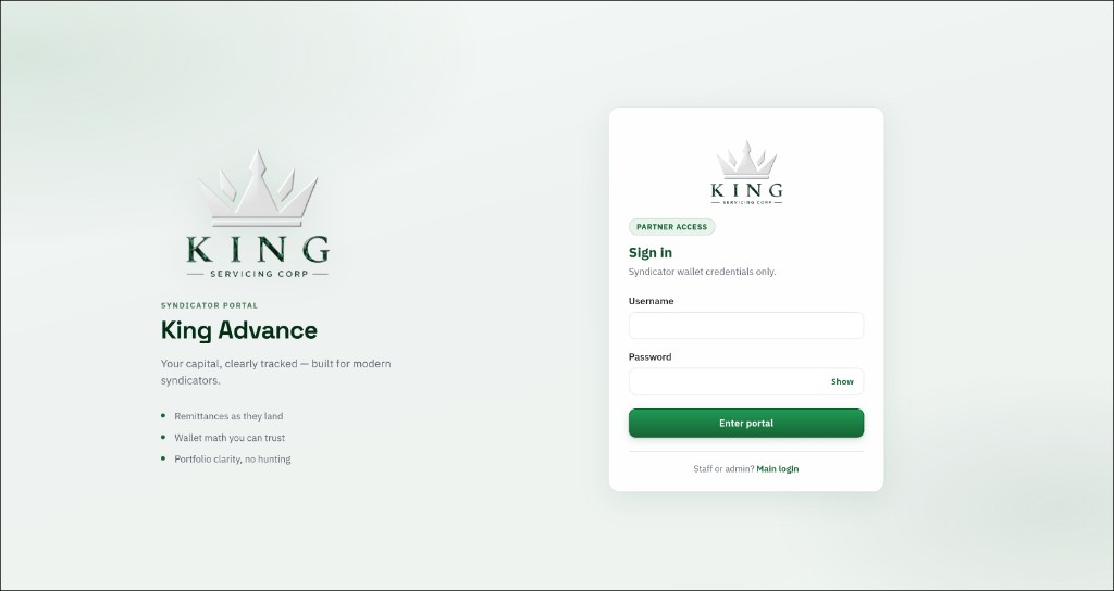 King Advance Syndicator Portal sign-in screen